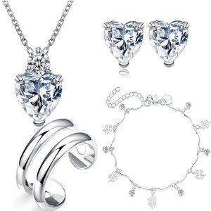 💎 Heart 925 Sterling Silver Necklace Earrings Bracelet And Ring Adjustable Cute